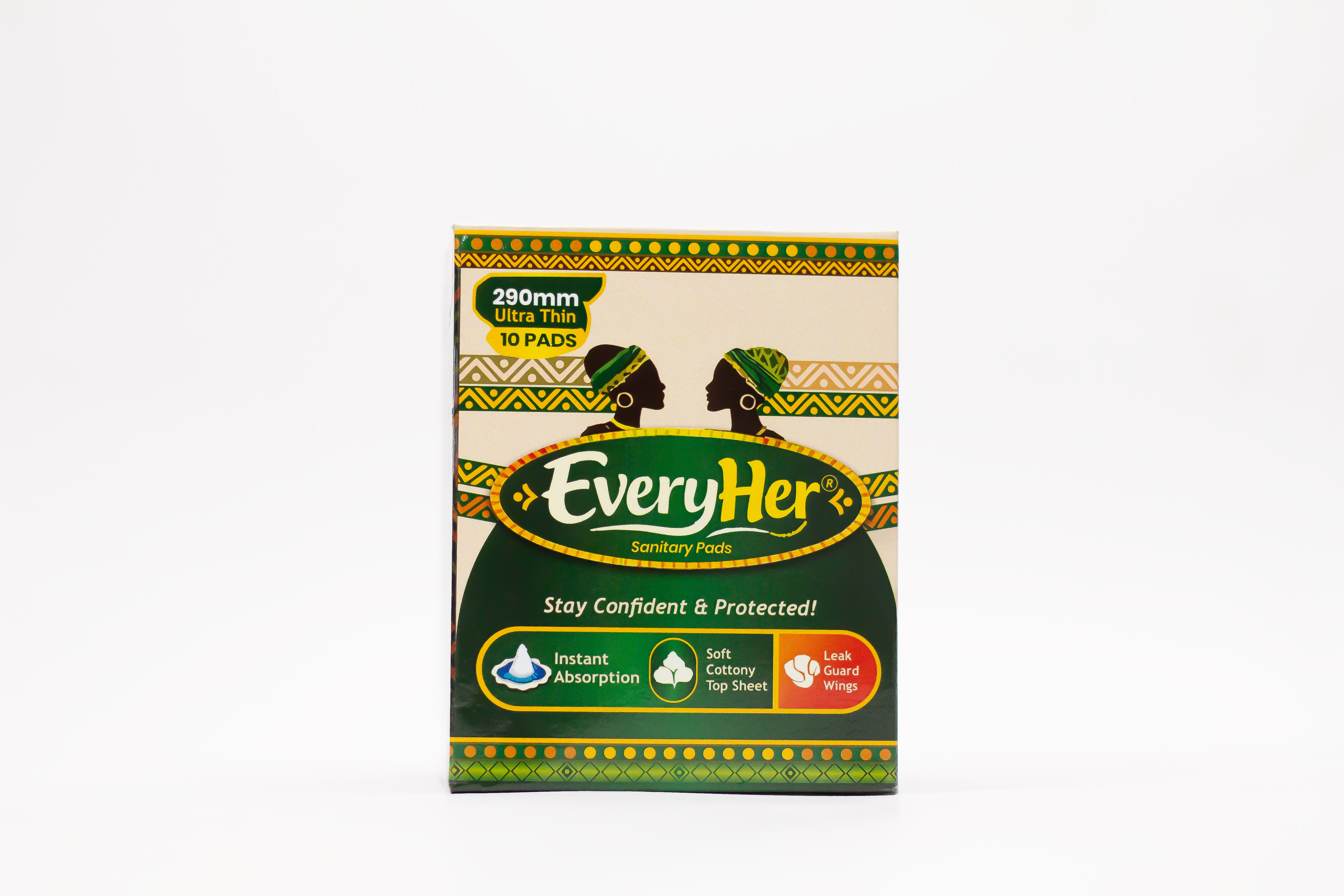 EveryHer Sanitary Pads — 290mm Ultra Thin, 10 pads. Forest green and parchment packaging with silhouettes of two women.