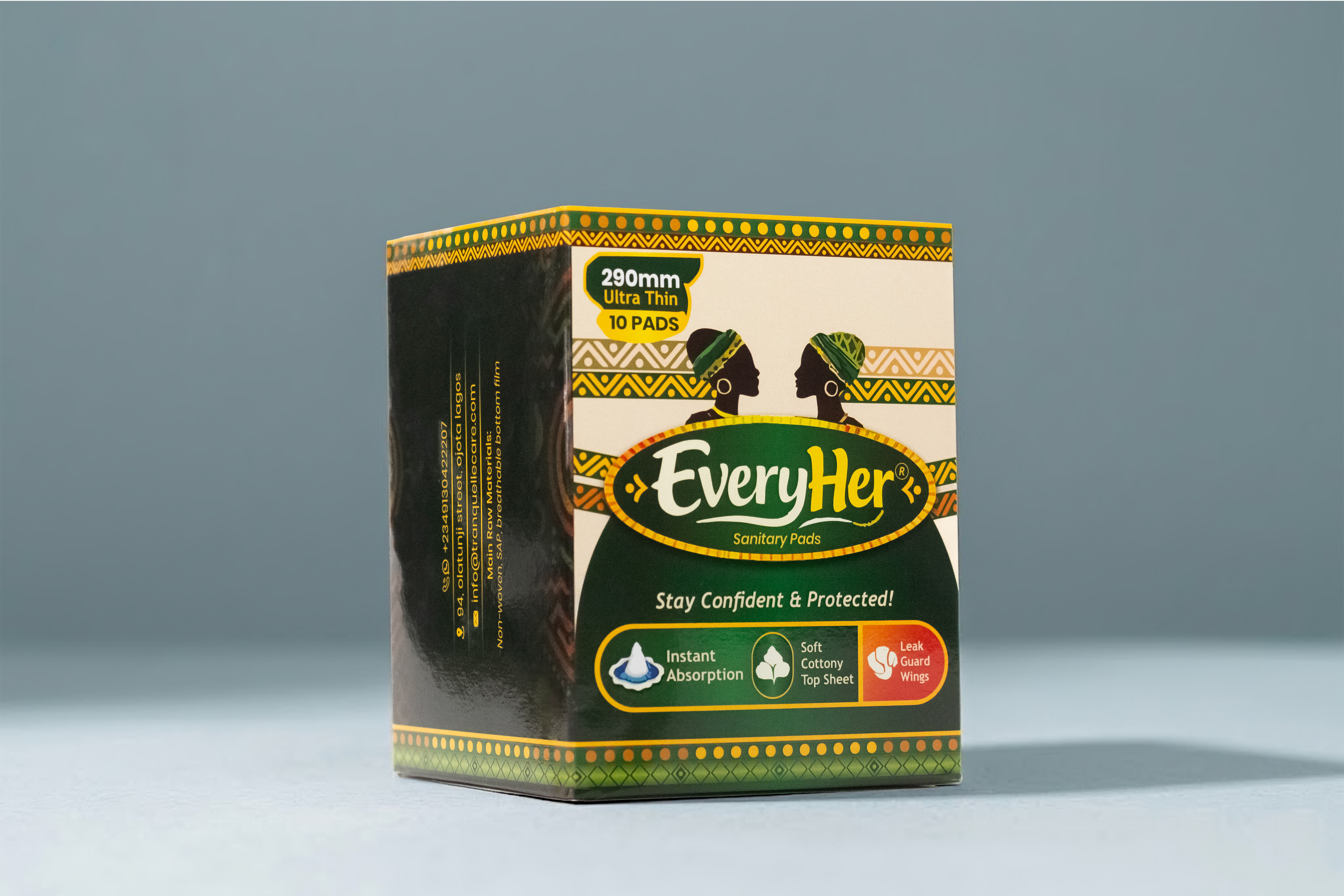 EveryHer Sanitary Pads box — angled lifestyle view showing product details