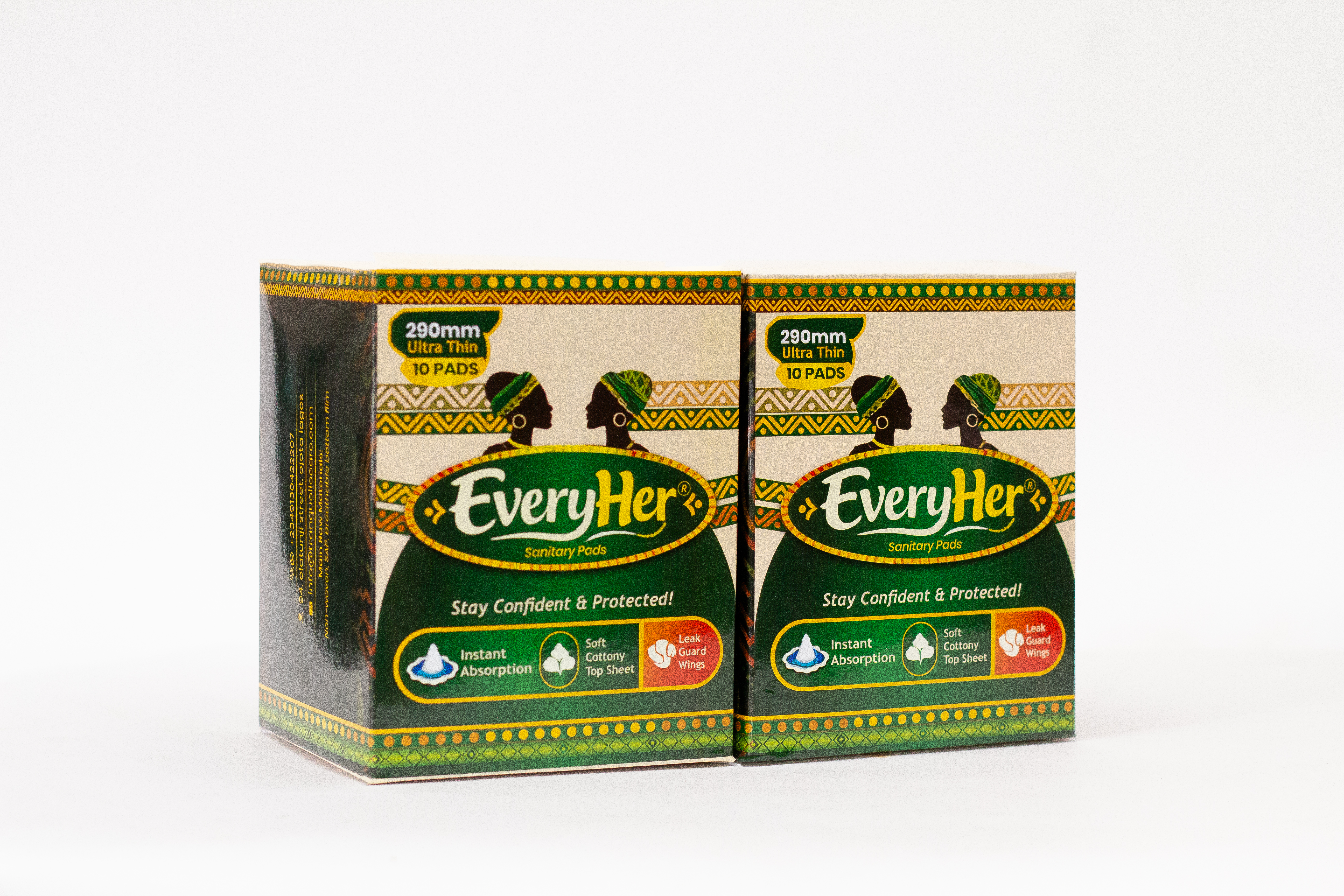 Two EveryHer Sanitary Pad boxes side by side — Regular and Extra Long sizes